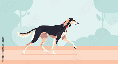 Stylized illustration of a black and tan sighthound dog with a red collar, walking outdoors
