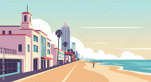 Pixelated seaside city street with palm trees, buildings, and ocean