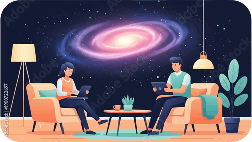 People working on laptops with a galaxy backdrop in a cozy room
