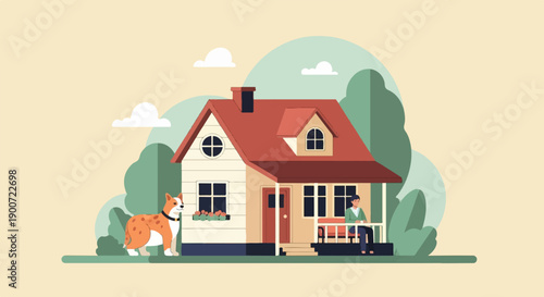 Person relaxes on porch with dog and house in a simple, flat illustrated style
