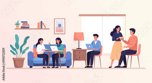 People working and socializing in a cozy indoor space