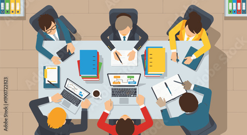 Overhead illustration of a business meeting with people around a table discussing ideas