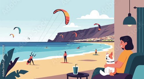 Person relaxing indoors with a dog, watching kite surfers by a coastal town