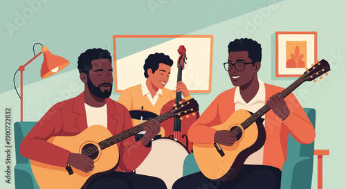 Three men playing acoustic and upright bass guitars indoors