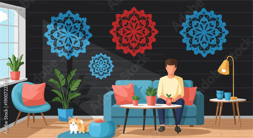 Person relaxing indoors with a dog, plants, and decorative wall art
