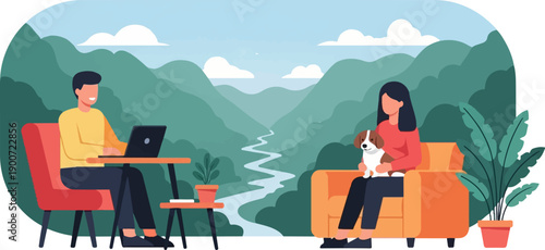 People working and relaxing with pet amidst scenic valley and river