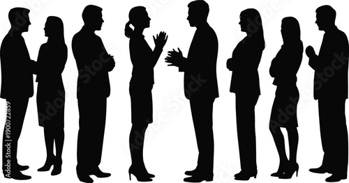 Business professionals standing in pairs discussing ideas and communicating during meeting representing teamwork collaboration partnership and corporate interaction concept