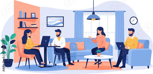 People working and socializing in a modern living room with laptops and a plant