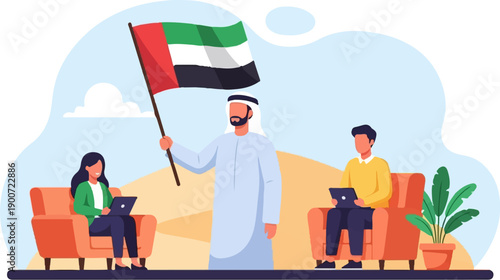 People working on laptops with flag of United Arab Emirates