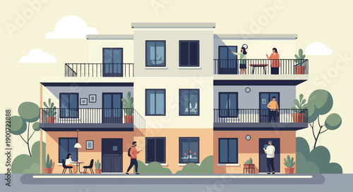 Stylized illustration of a multi-story building with balconies and people