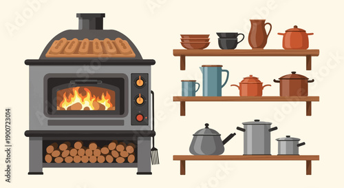 Rustic oven with cooking pots on shelves, wood and baking supplies