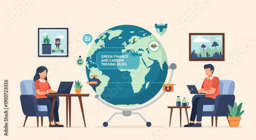 People working on laptops with globe illustrating green finance and carbon trading hubs