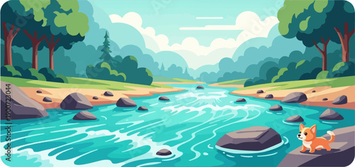 Small dog on rocky shore next to a flowing river with trees and hills