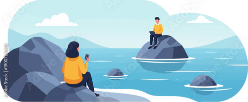 People working and relaxing on rocks by a serene blue lake under a cloudy sky