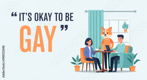 Three people and a dog character in a cozy room with a laptop