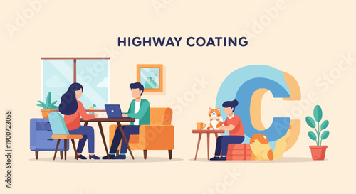 People working and relaxing near large decorative letters indoors