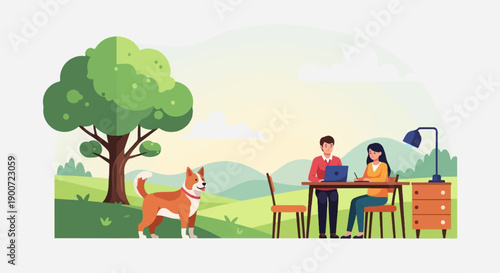 People working outdoors with a dog and a tree in the background