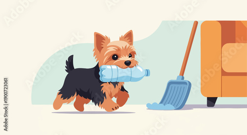 Small dog carries plastic bottle near broom and couch