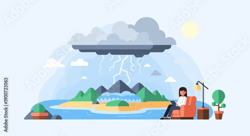 Person relaxing indoors with tablet while storm rages outside