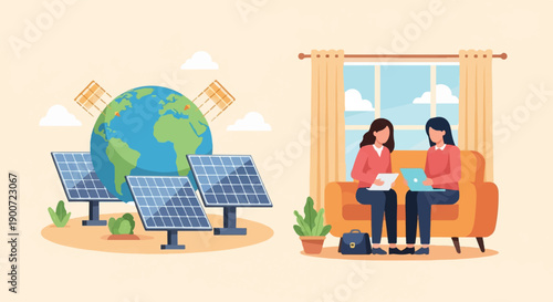 Planet with solar panels and two women on couch using laptops