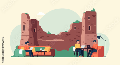 People working and relaxing near ancient castle ruins