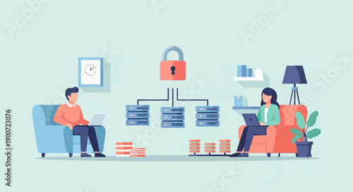 People working on laptops with network servers and a padlock