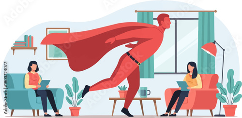 Stylized illustration of a superhero cape with two people seated