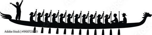 Dragon boat team rowing competition silhouette, traditional festival race celebration, paddlers teamwork concept, cultural water sport event, flat vector illustration