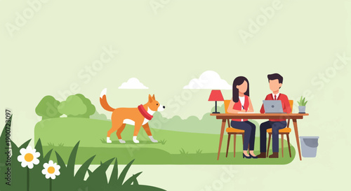 People working outdoors with a dog nearby under a bright sky