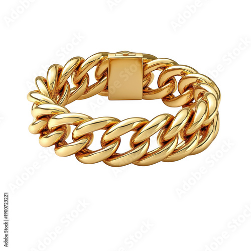 A luxurious gold chain bracelet with a square pendant in the center isolated on transparent background