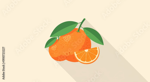 Stylized illustration of a whole orange with leaves and a slice