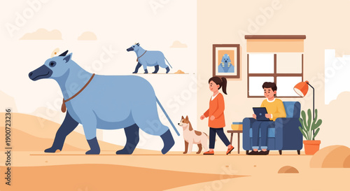 Stylized illustration of humans and animals in a split indoor/outdoor scene