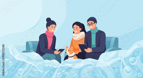 Three people and a dog relax on a couch surrounded by a wintery, bubbly landscape