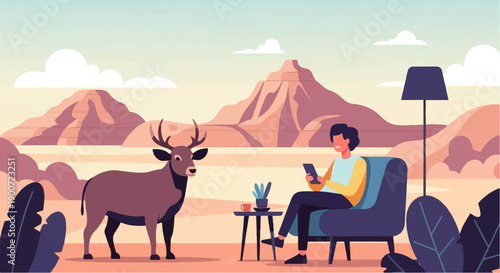 Person relaxing with phone beside deer in abstract desert landscape