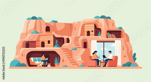 People working remotely from cozy cave dwellings with dogs
