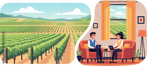 People working remotely from a home with a vineyard view