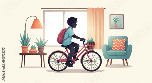 Person riding bicycle indoors with plants and furniture around