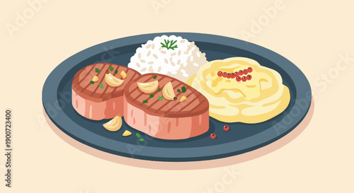 Plated meal with grilled steak, mashed potatoes, and rice