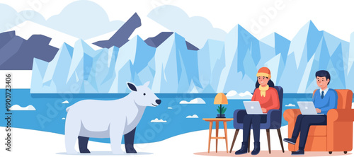 Polar bear and people working on laptops in icy landscape