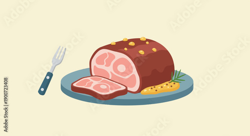 Sliced ham roast served on a blue plate with mustard and rosemary