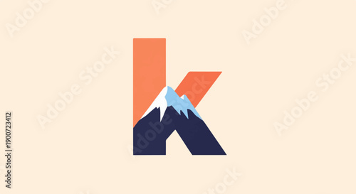 Stylized letter K with mountain range, peaks, snow