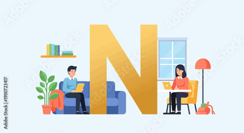 People working remotely in a home setting with large letter N