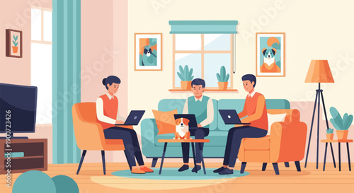 Three people and a dog work on laptops in a cozy living room