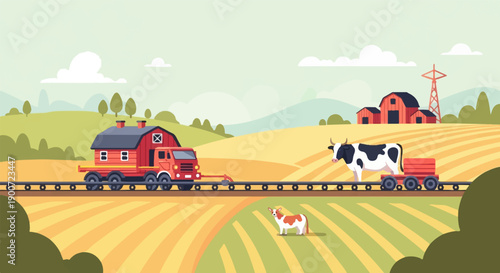 Rural farm scene with a truck carrying a barn and a cow on a train