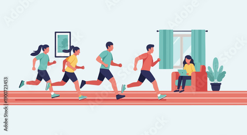 Runners on track with woman working on laptop indoors