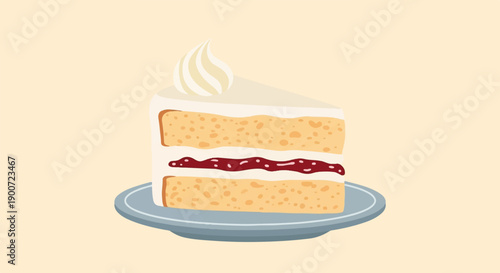 Slice of layered cake with cream and jam on a plate