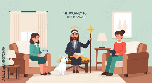 Three people and dog in a room with manger and star