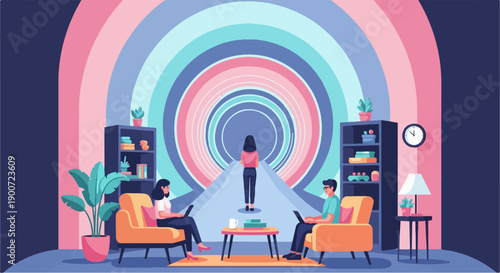 People working remotely in a room with a colorful concentric circle portal