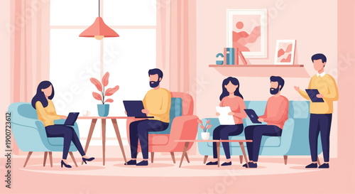 People working remotely in a modern, stylish living room setting