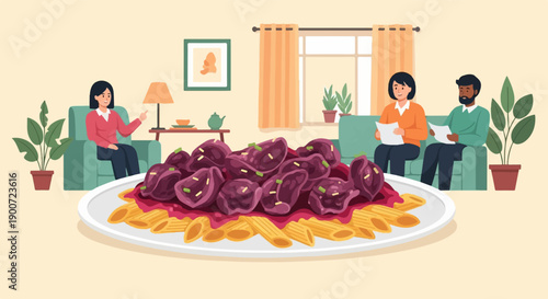 Three people are seated in a room, with a large plate of pasta and meatballs in the foreground